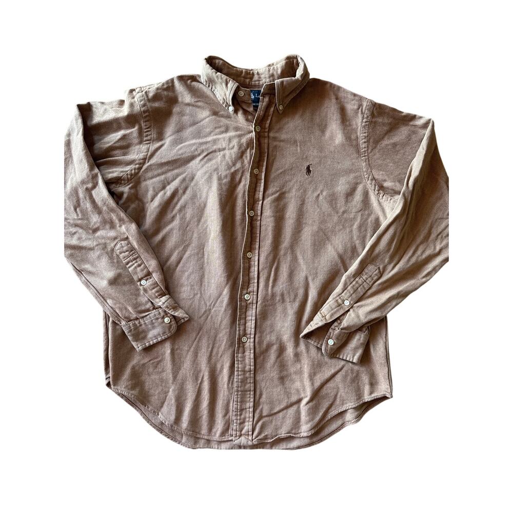 Ralph Lauren Classic Fit Cinnamon Beige Herringbone Knit Brown Pony L Button Up